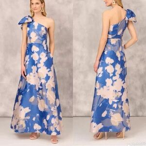 Aidan Mattox Blue and Cream One-Shoulder Floral Gown
